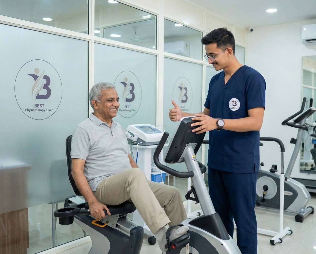 Patient performing shoulder strengthening exercises with a resistance band, guided by the physiotherapist for fitness.
