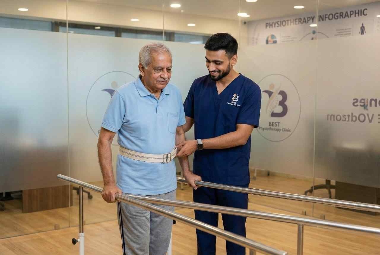 Geriatric Physiotherapy Bopal A physiotherapist assists an older man with gait training on parallel bars using a gait belt.