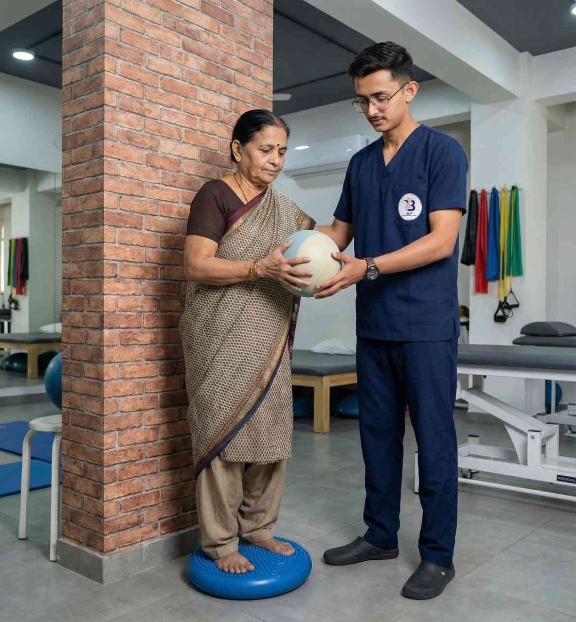 A Physiotherapist dr. Kanaiya helps an older woman with balance and stability using a wobble board in Bopal Clinic.