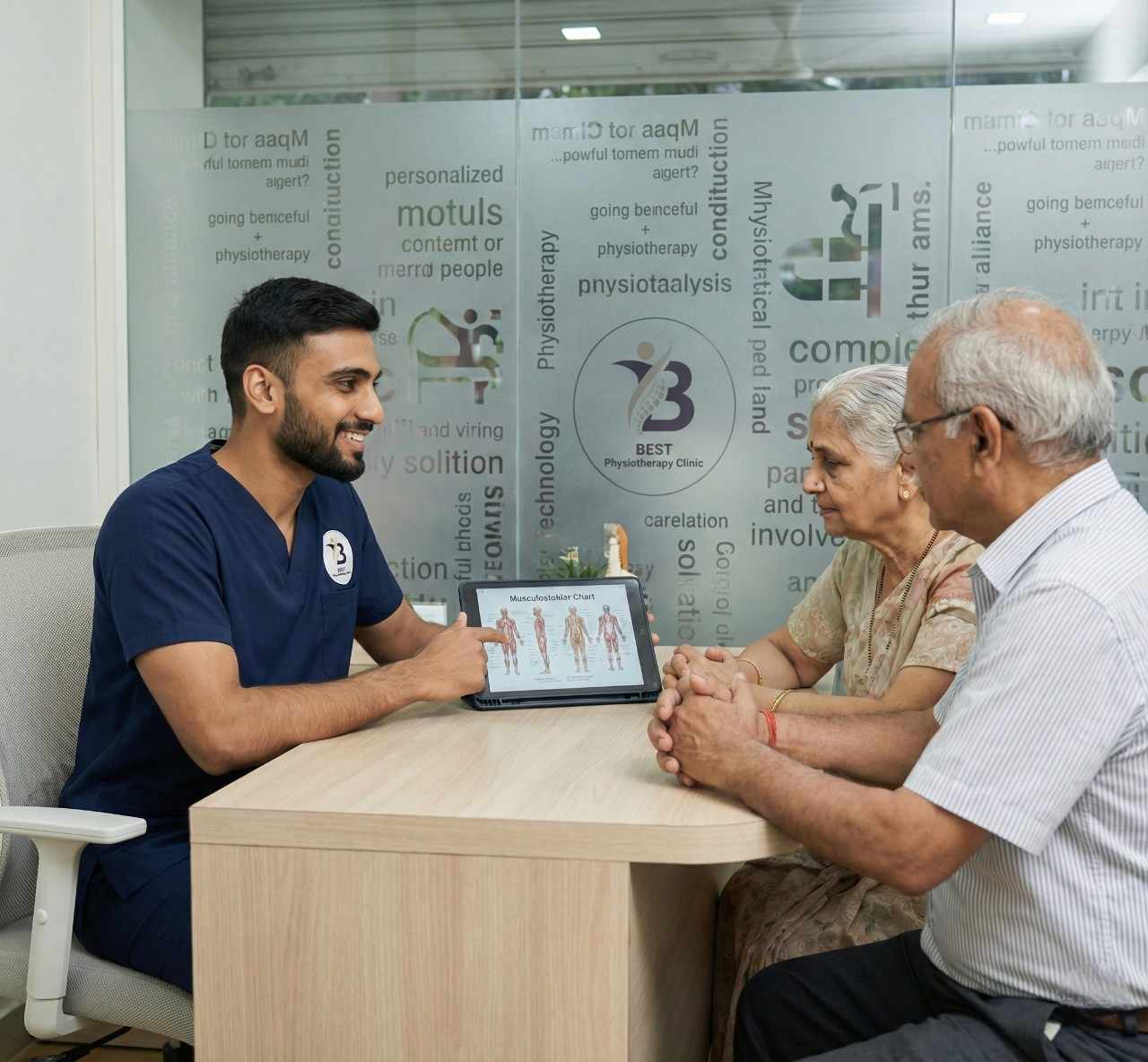 A physiotherapist Dr. Sagar discusses a musculoskeletal chart on a tablet with an elderly couple in BEST Physiotherapy clinic Bopal.