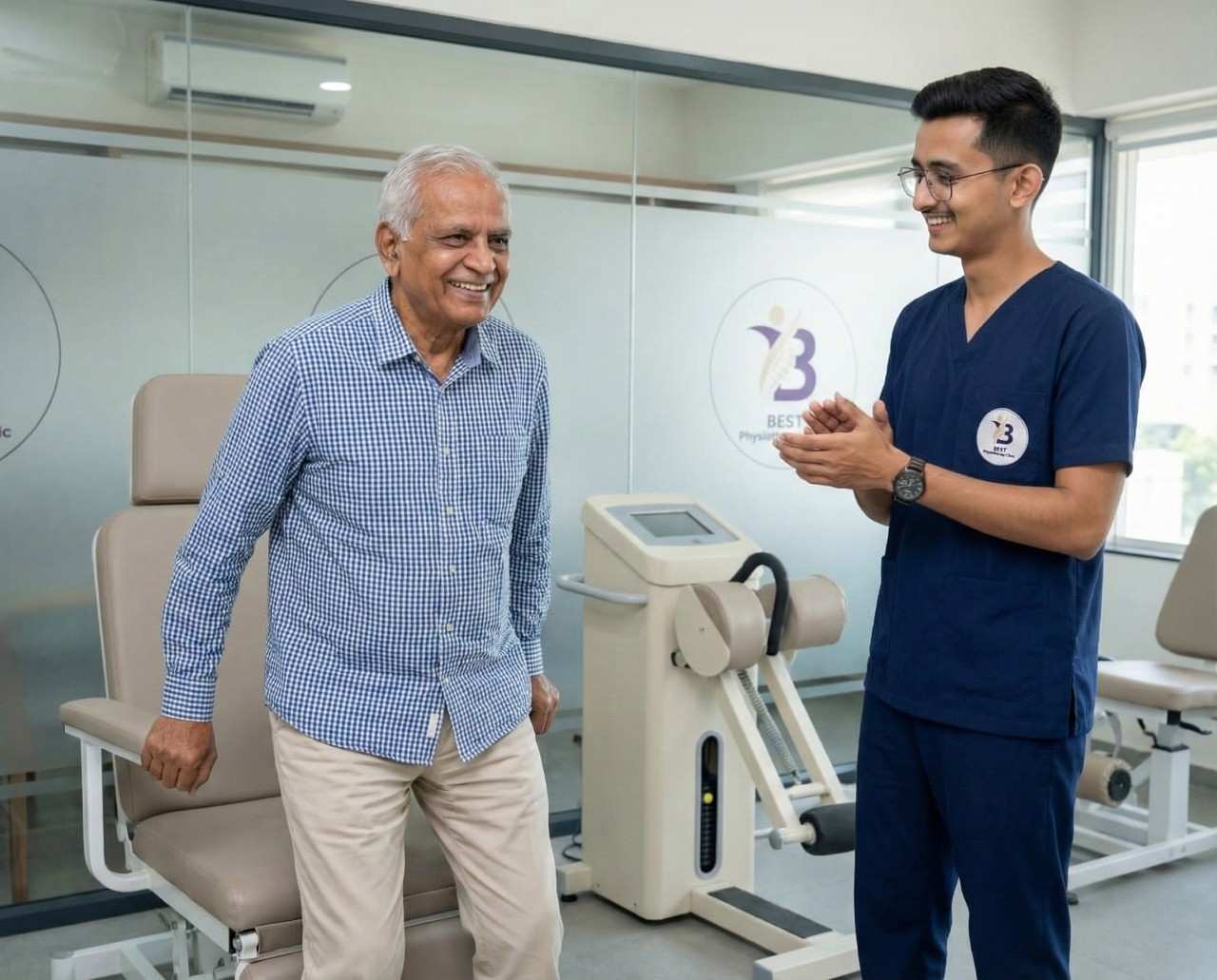 A smiling physiotherapist Dr. Kanaiya applauds an older male patient during a rehabilitation session.