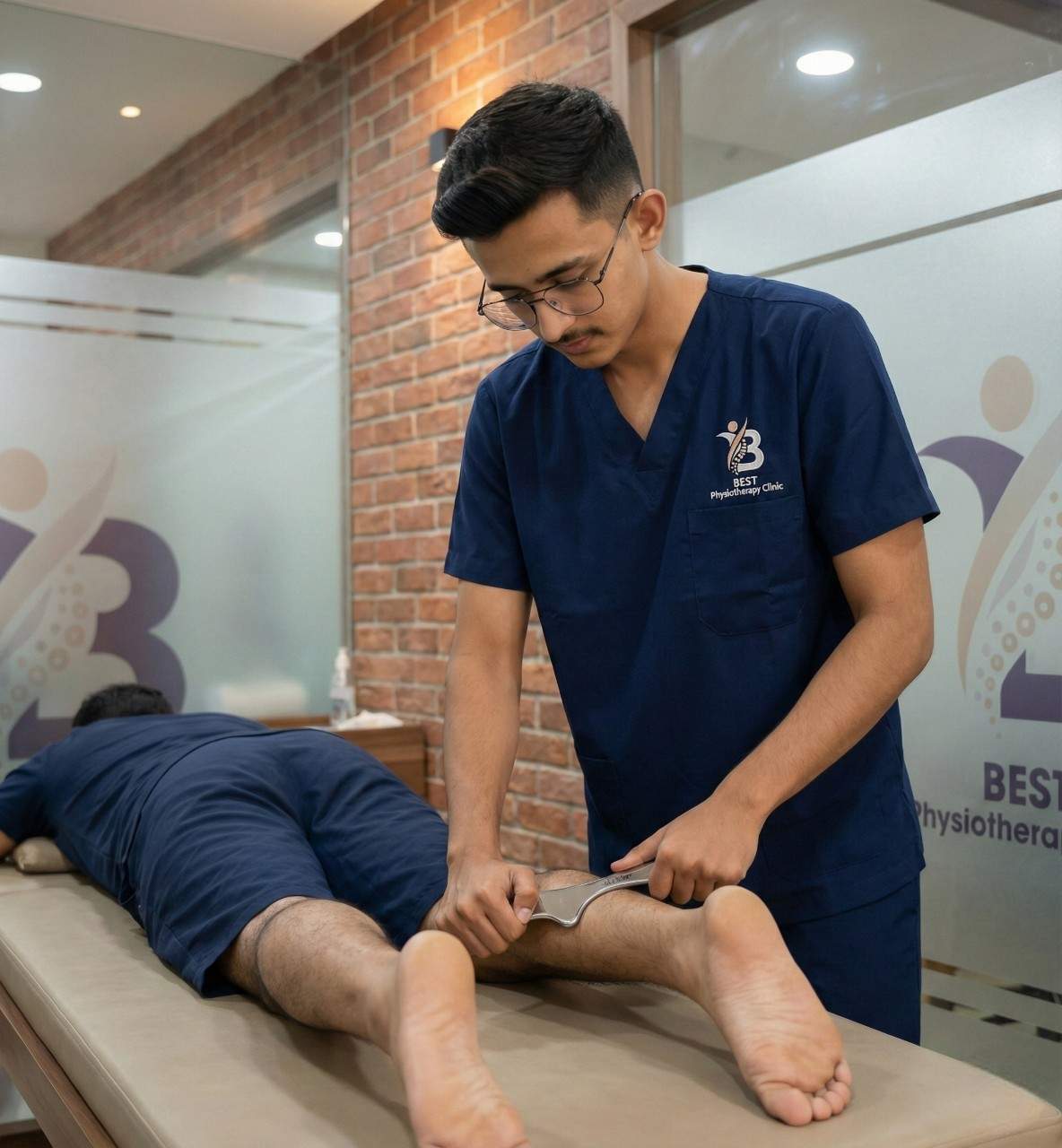 Dr Kanaiya is applying a stainless steel IASTM tool on the patient's calf for Achilles tendonitis treatment.