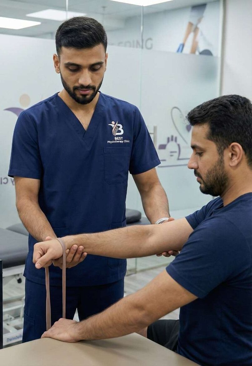 Patient performing corrective resistance band exercises immediately following an IASTM therapy session.