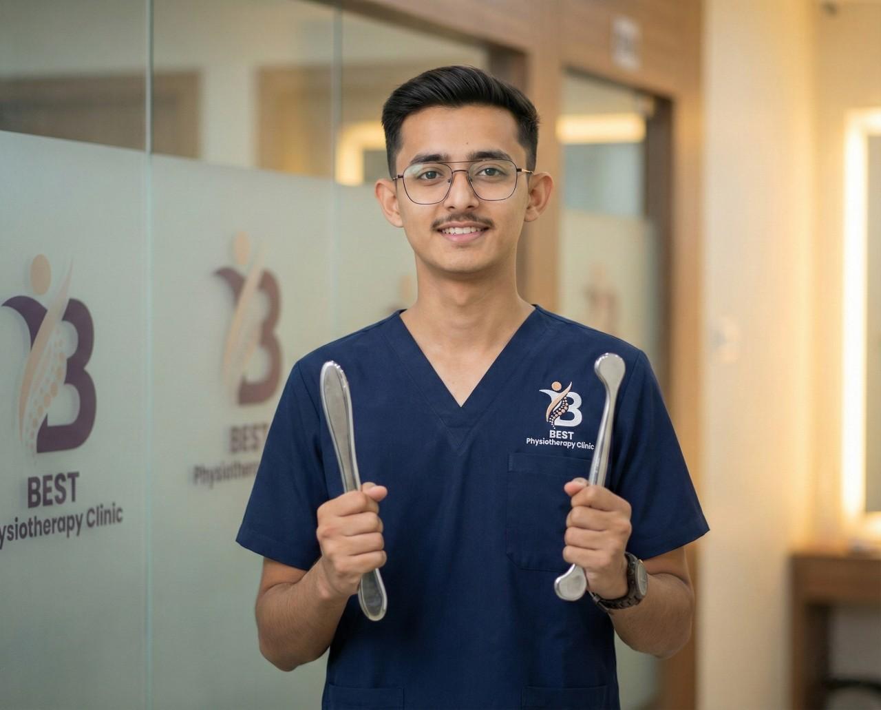 Physiotherapist Dr Kanaiya displaying specialised stainless steel IASTM tools for soft tissue mobilisation.