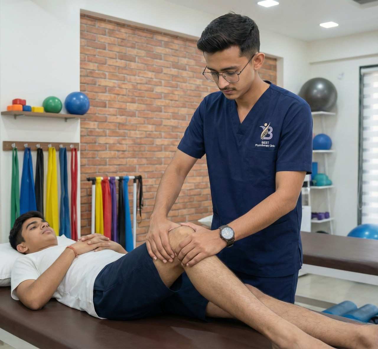 physiotherapist performing manual joint mobilisation technique on a patient's knee for pain relief.