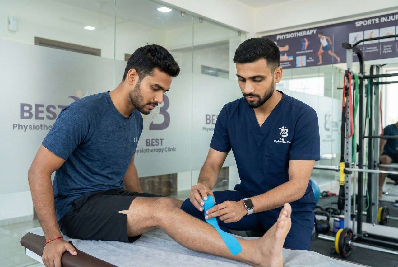 Physiotherapist Dr. Sagar applying Kinesio Taping to a patient's lower leg for effective muscle support and injury pain relief.