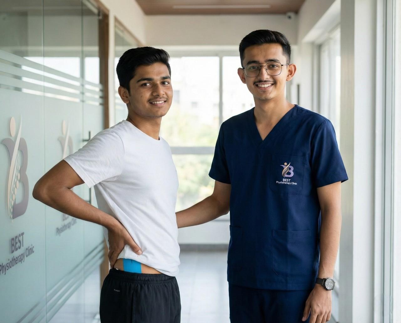 Happy patient showing Kinesio Taping applied to the lower back area for lumbar pain relief and support.