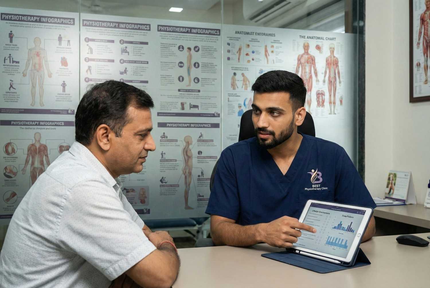 Dr Sagar conducting lifestyle modification physiotherapy assessment using digital tablet at Best Physiotherapy Clinic Bopal Ahmedabad.