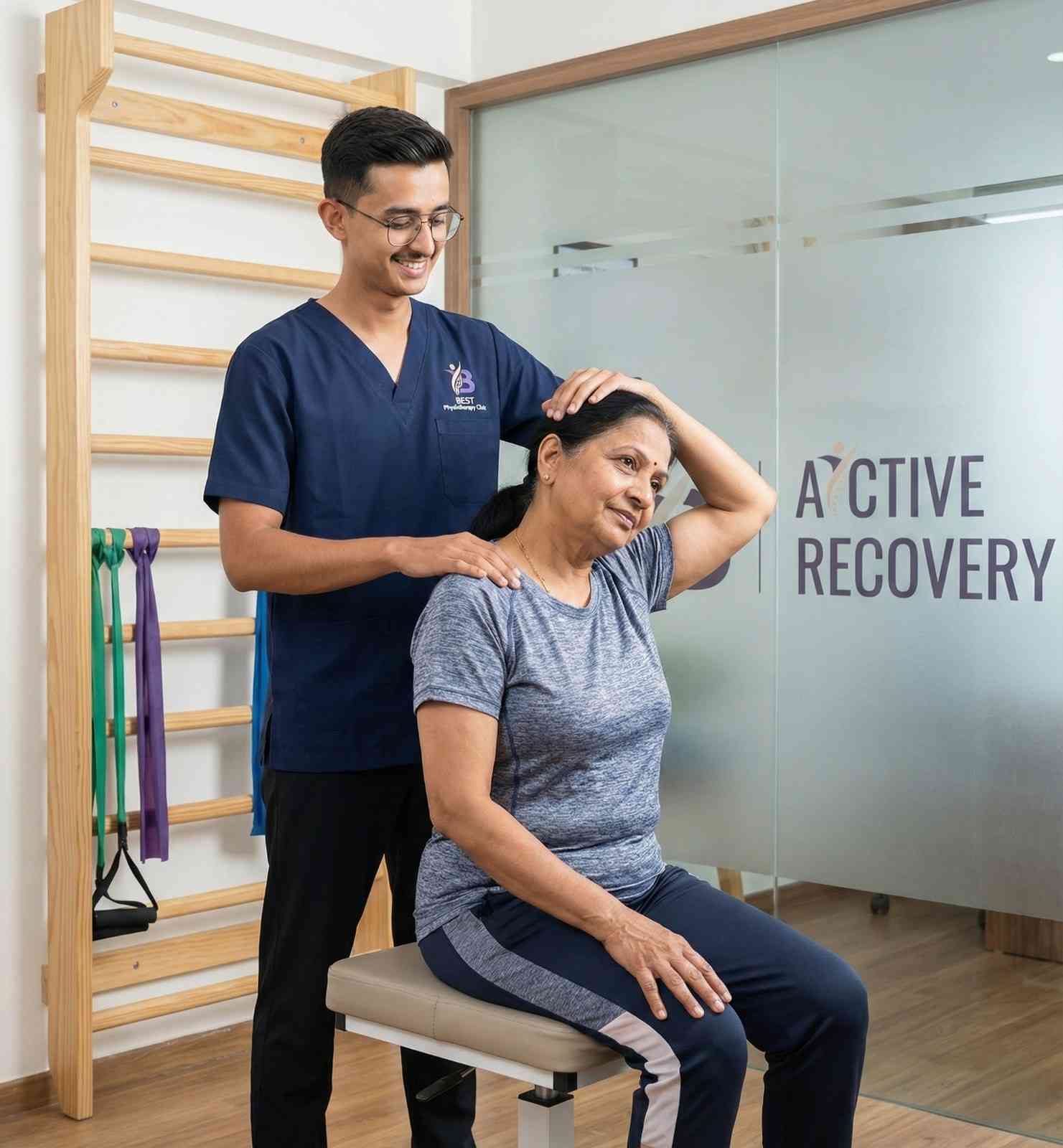 Dr Kanaiya performing assisted neck stretching for active recovery on patient at Ahmedabad physiotherapy clinic.