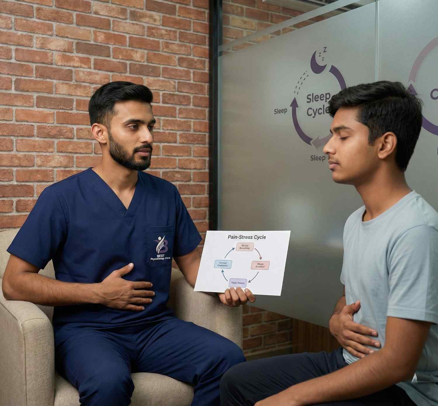 Dr Sagar explaining pain-stress cycle and breathing techniques for holistic recovery at Bopal physiotherapy clinic.