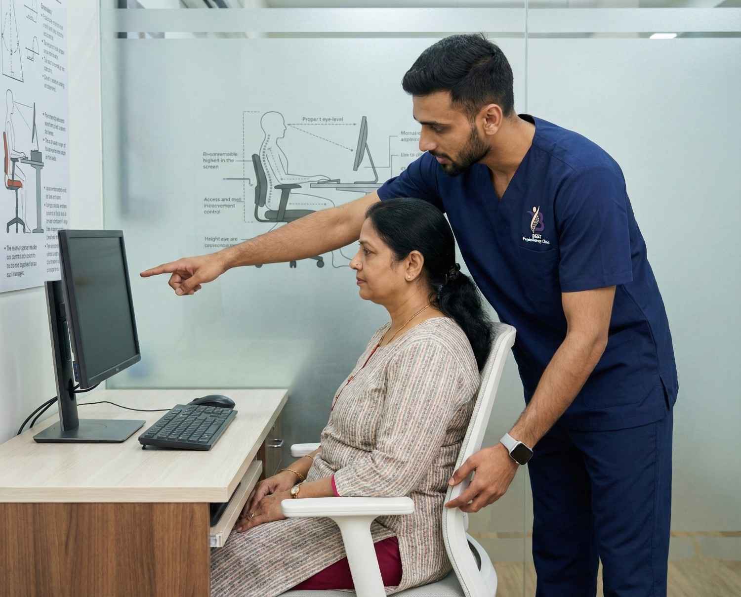 Physiotherapist adjusting workstation ergonomics and computer posture for patient at Best Physiotherapy Clinic Bopal Ahmedabad.