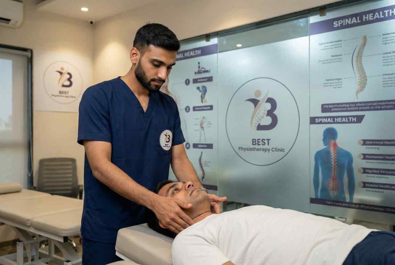 A physiotherapist Dr. Sagar performing manual therapy, a neck mobilisation technique, on a patient in Bopal Clinic.