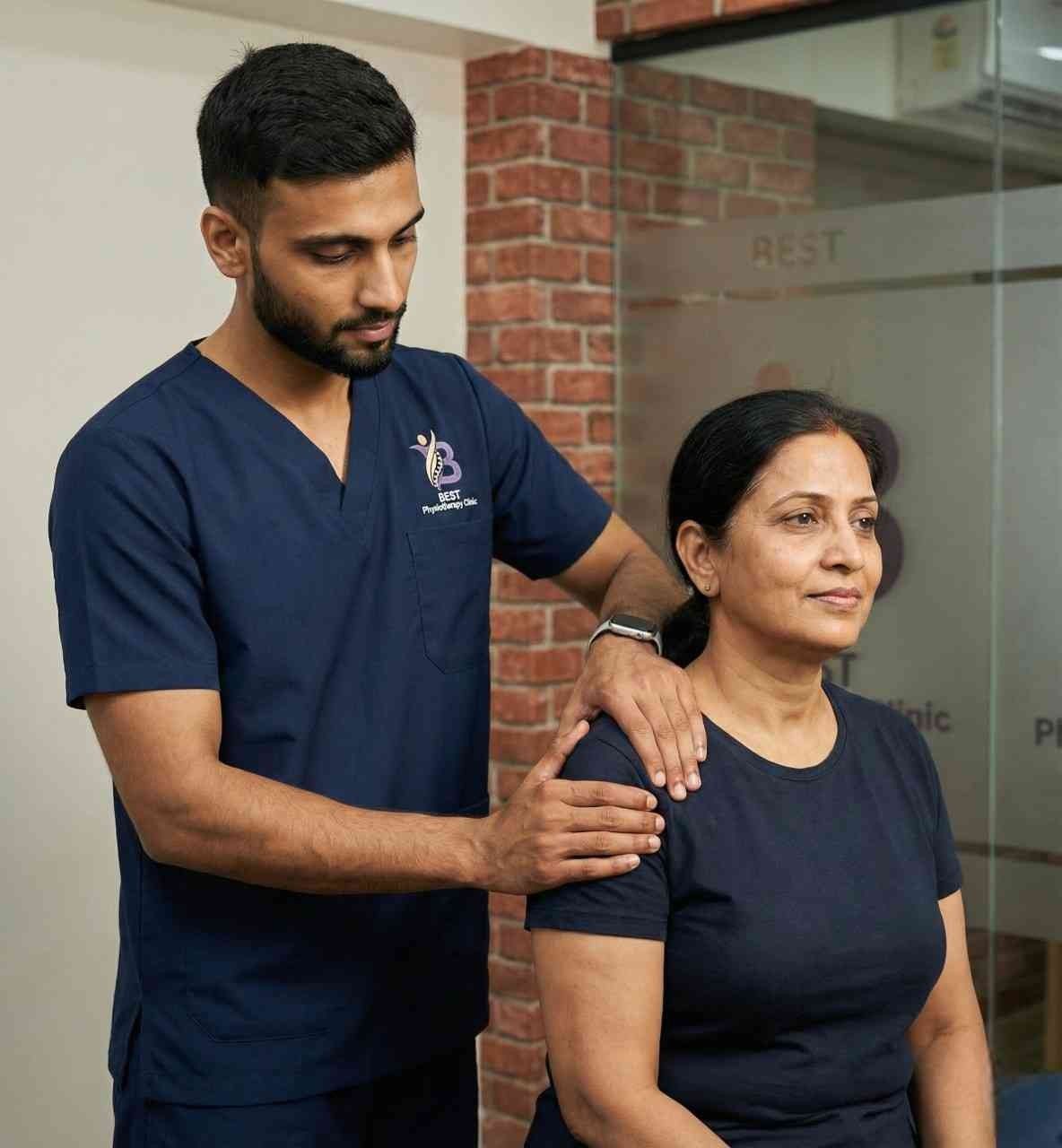 Physiotherapist performing a shoulder and upper back assessment on a middle-aged female patient.