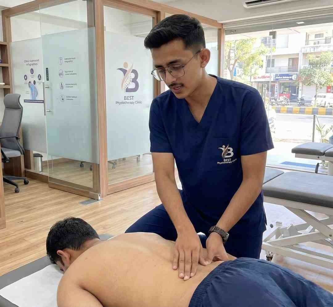 A physiotherapist Dr. Kanaiya performing manual therapy, a lower back massage, on a patient lying prone.