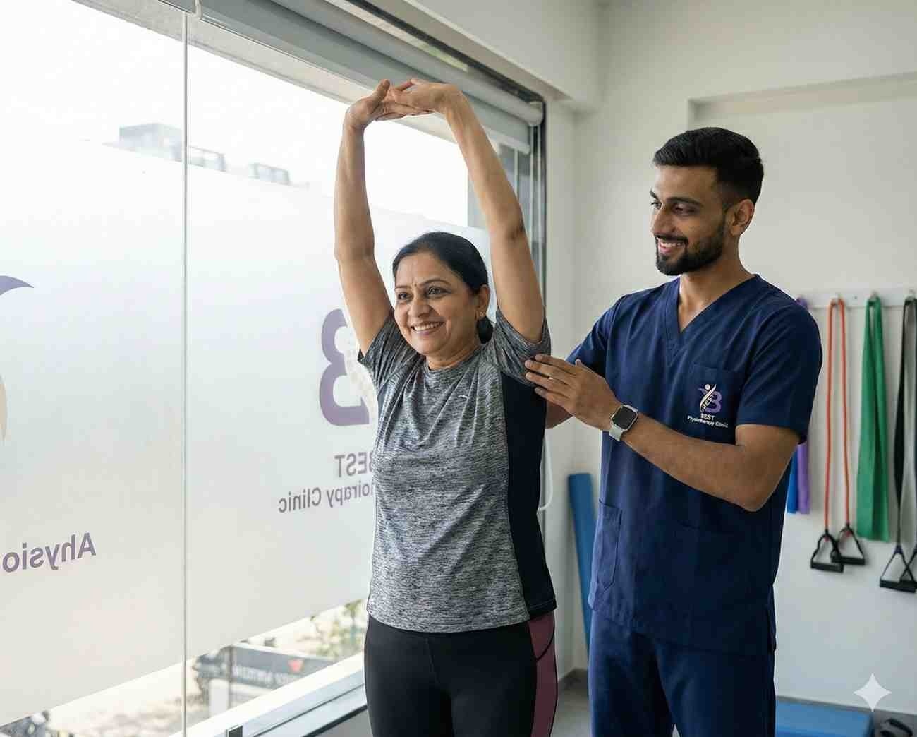 Physiotherapist assisting a female patient with rehabilitation exercises, stretching arms overhead.