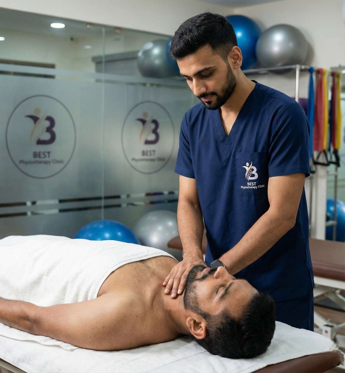 Male physiotherapist performing manual therapy on a patient's neck on a treatment bed.