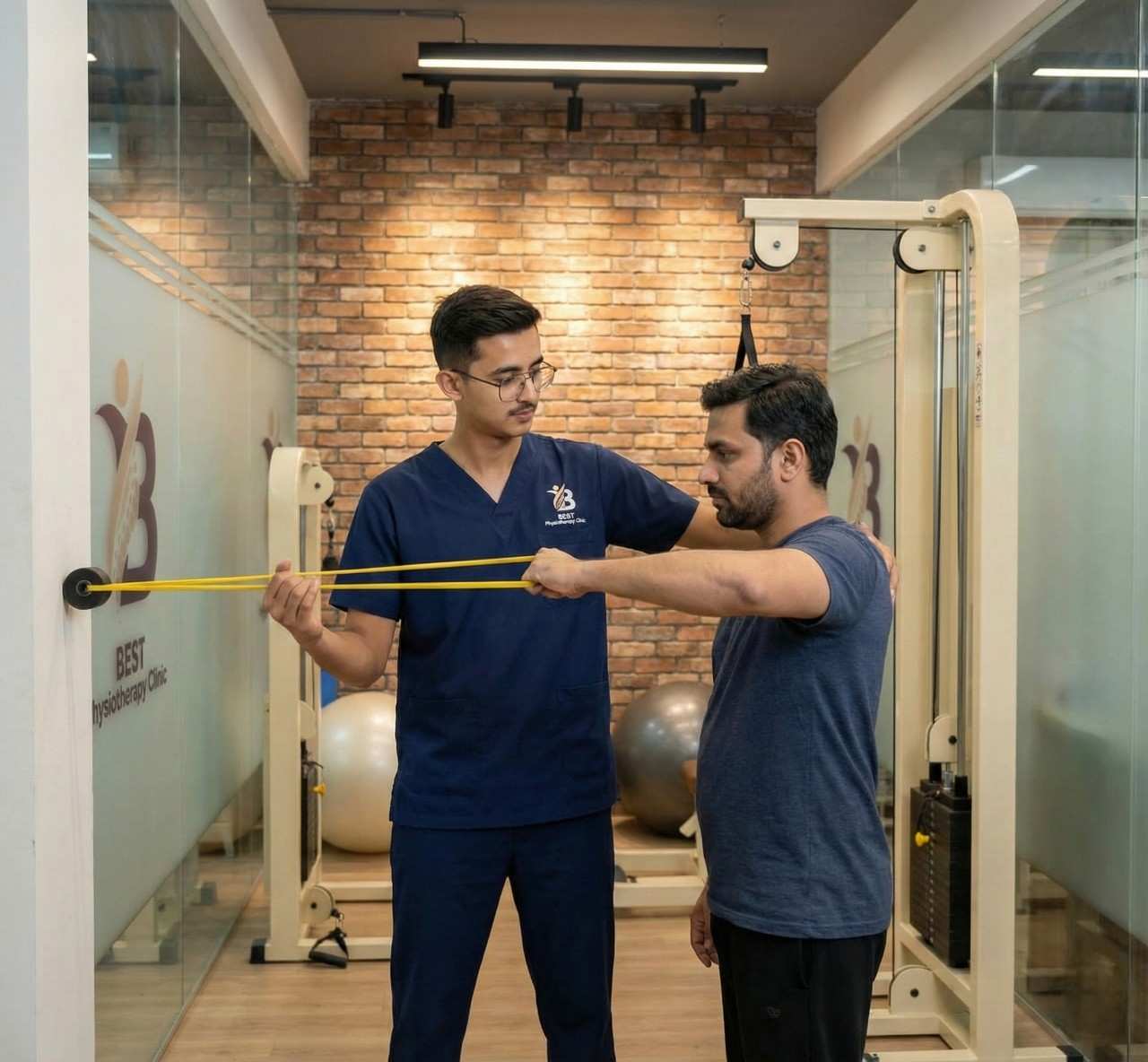Physiotherapist guiding a male patient doing shoulder rehabilitation using a resistance band.
