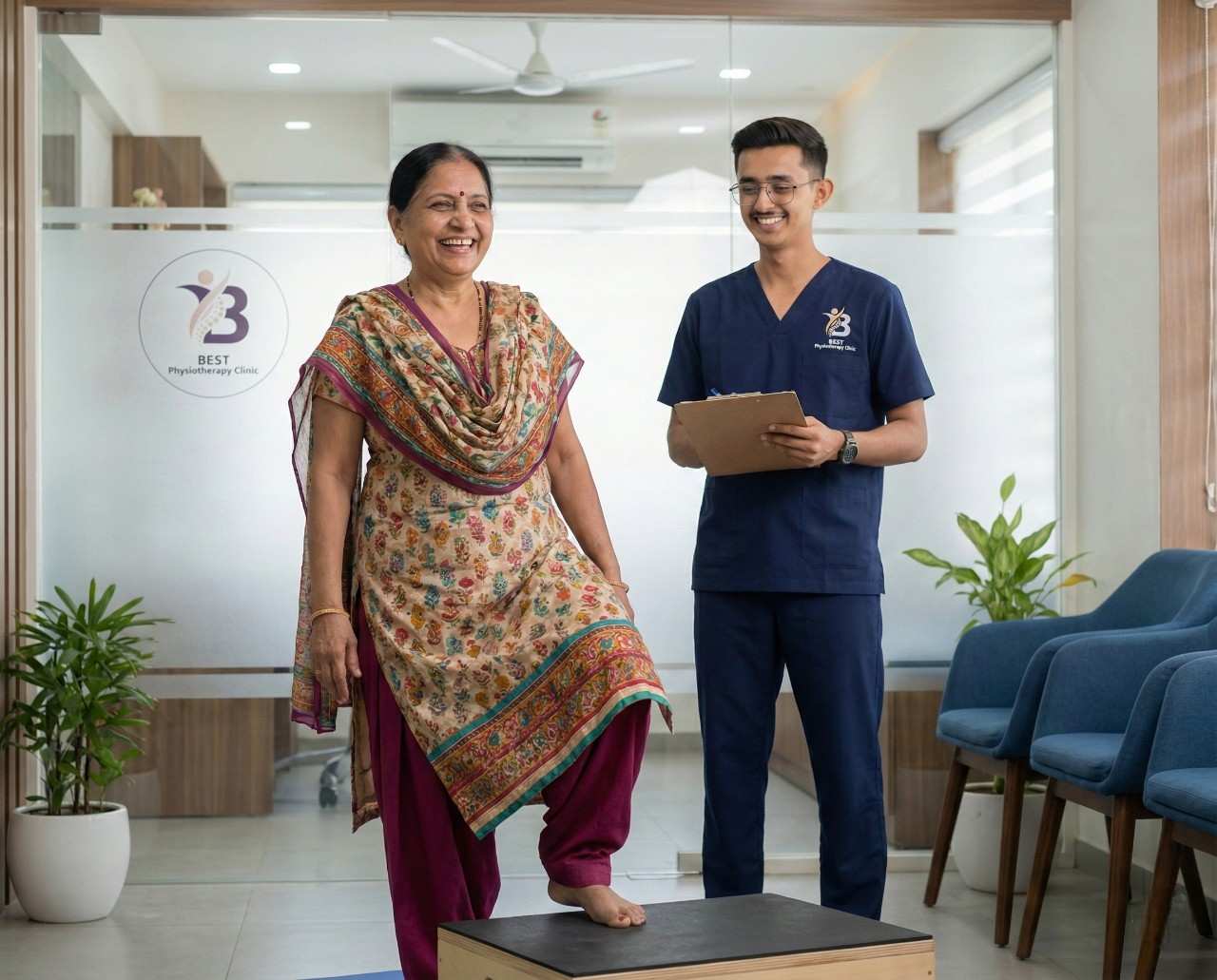 A happy female patient performing a step exercise while a physiotherapist smiles.