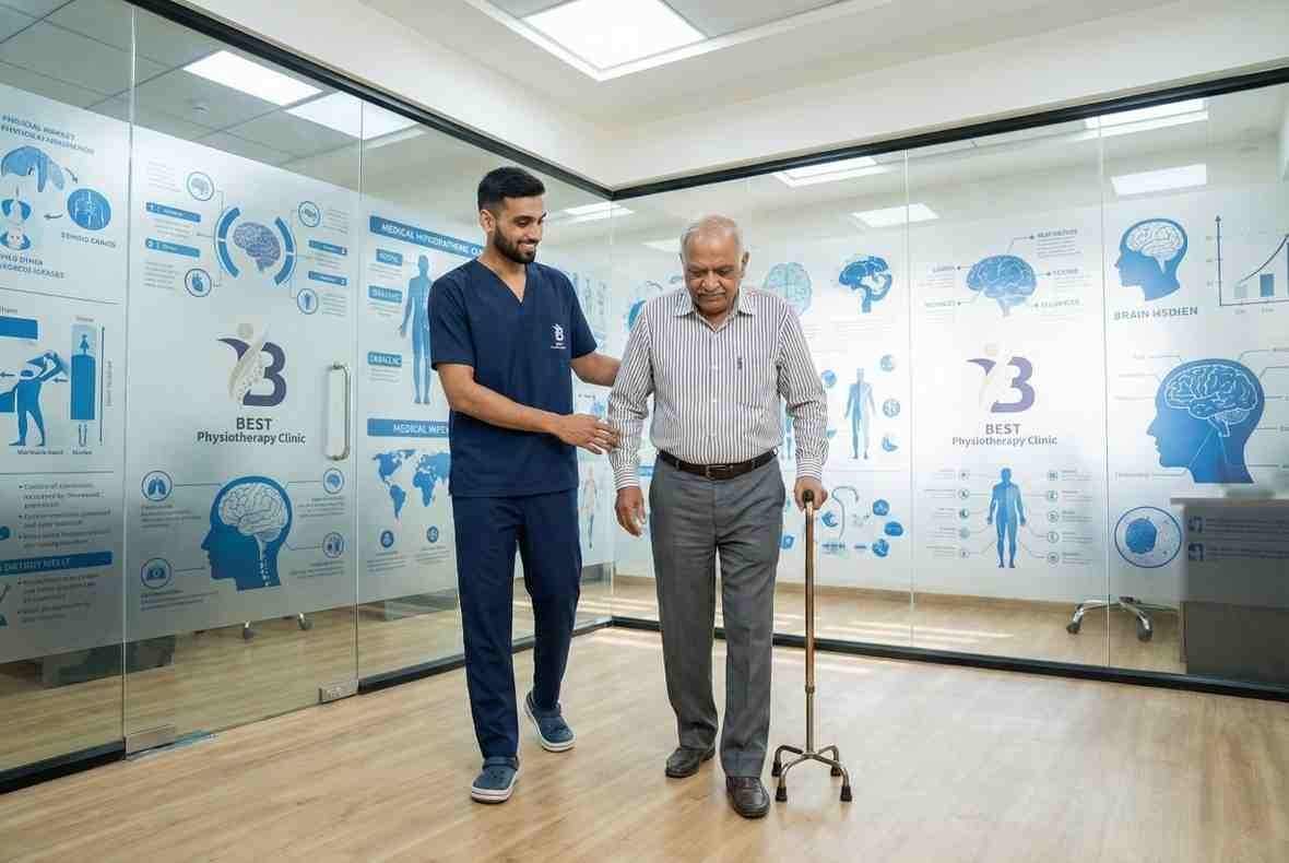 Physiotherapist Dr. Sagar helps an elderly man walk with a cane in a modern clinic for gait training Neuro Physiotherapy Bopal Clinic.