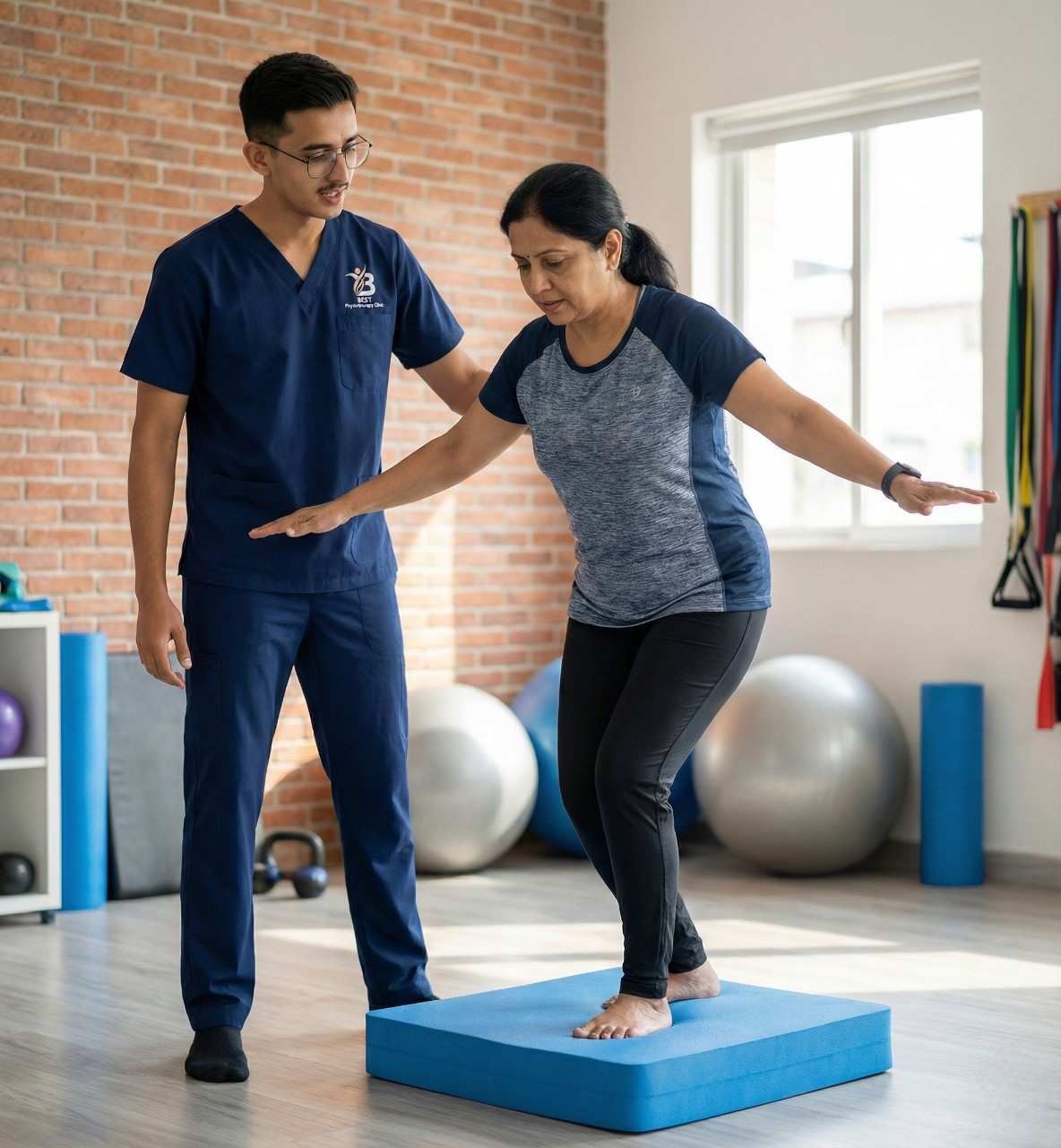 Female patient performing balance and coordination exercises on a foam pad.