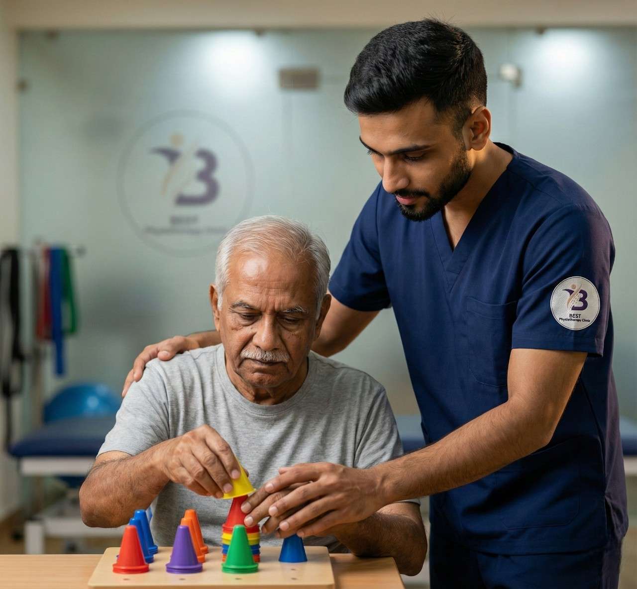 Physiotherapist guides an elderly patient using a colored stacking cone manipulative tool.