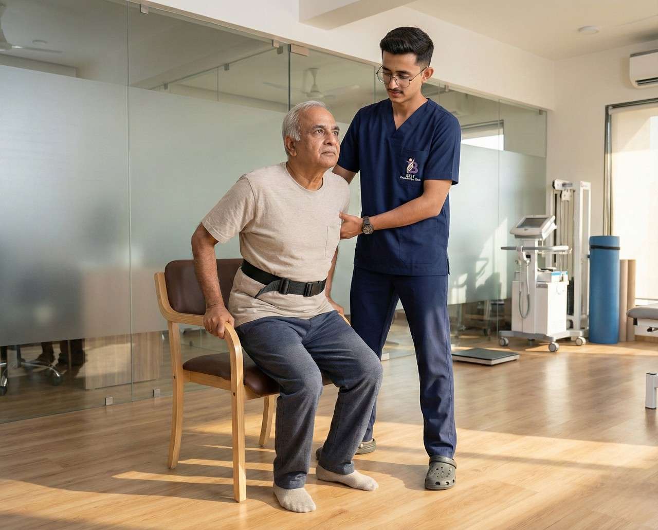 Physiotherapist assists a male patient with a transfer from a chair using a gait belt.