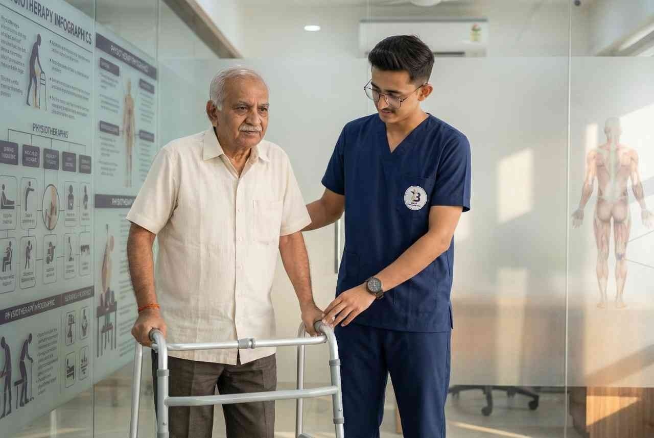 Physiotherapist Dr. Kanaiya helps an elderly man use a walker for support and gait training Orthopedic Rehabilitation Bopal.