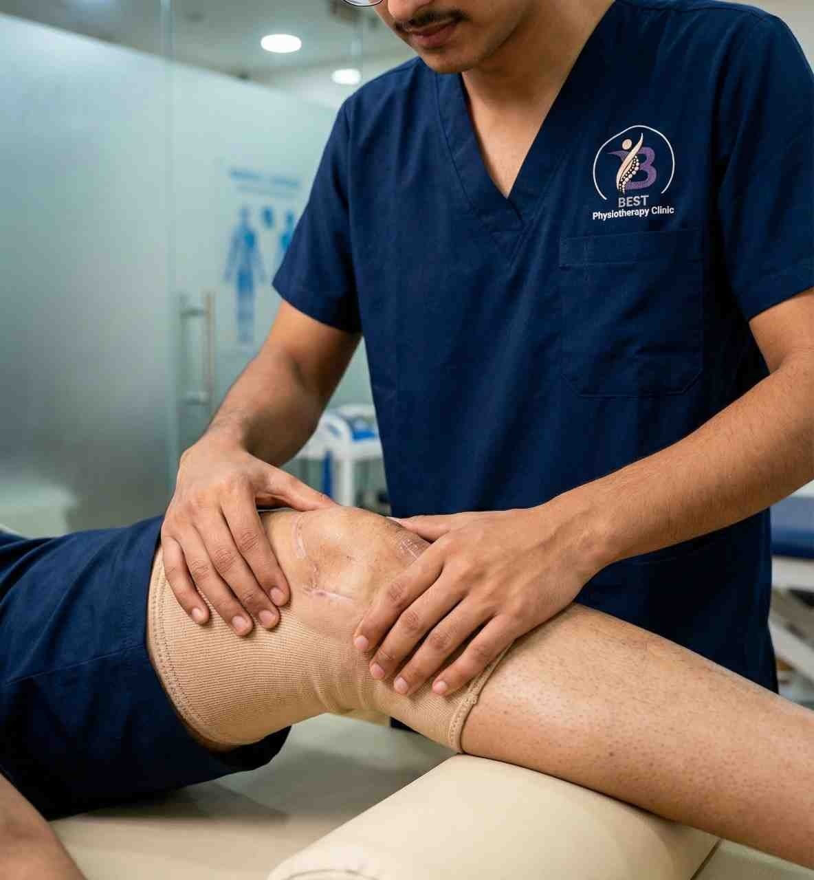 Physiotherapist performing hands-on manual therapy on a patient's knee with a post-surgery scar.