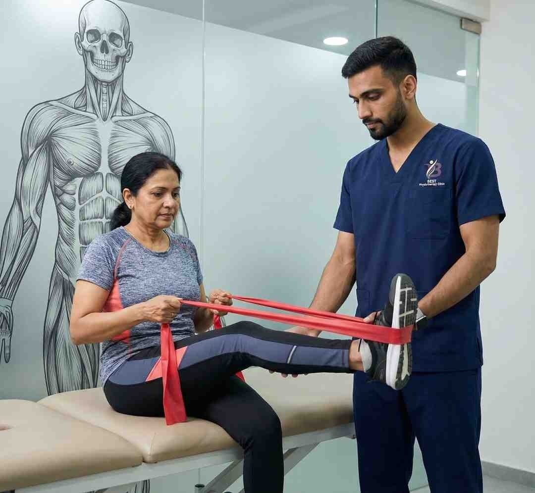 A female patient performing resistance exercises with a band, supervised by a physiotherapist Dr. Sagar in Bopal Clinic.