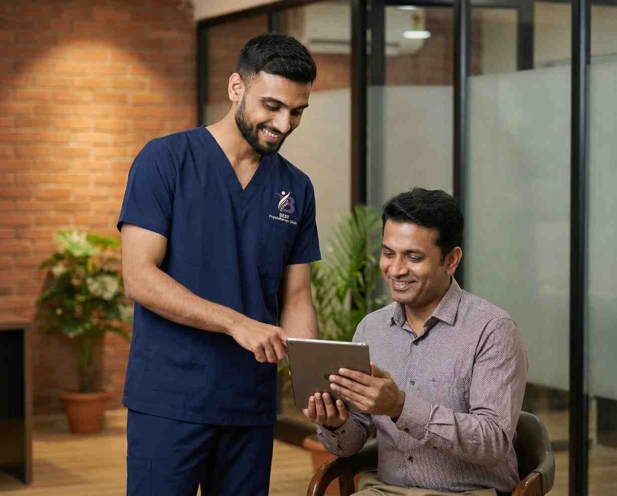 A smiling physiotherapist and a male patient viewing results or exercises on a digital tablet.