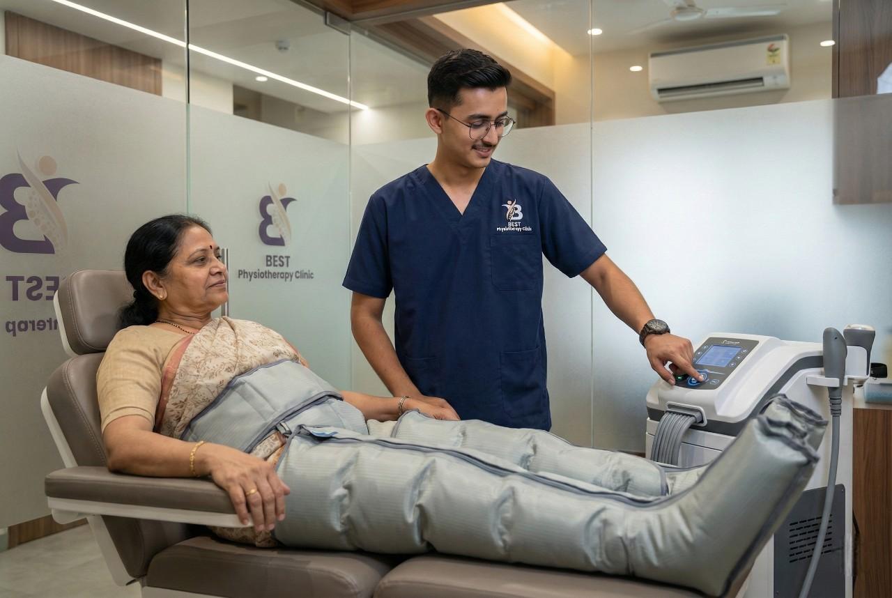 Patient using full leg pneumatic compression boots for improved circulation and swelling reduction therapy.