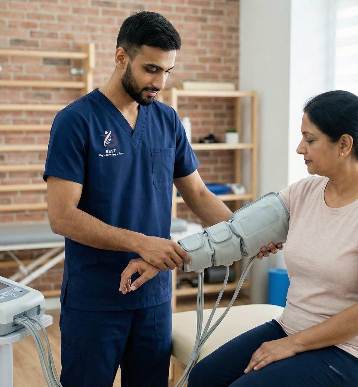 Physiotherapist applying pneumatic compression therapy to a patient's arm for effective lymphedema management in Bopal.
