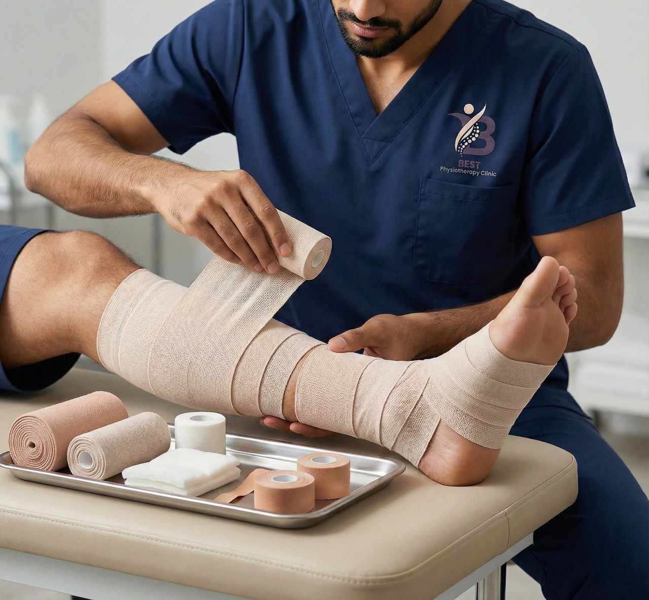 Close-up of physiotherapist expertly applying multilayer compression bandaging for advanced lymphedema treatment on the leg.