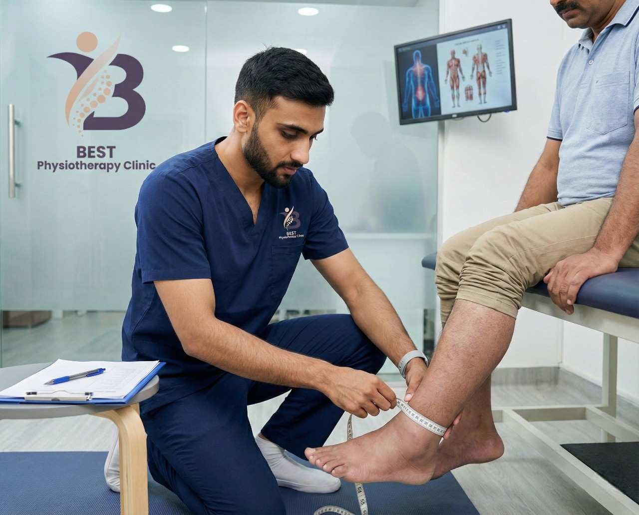 Physiotherapist measuring a patient's leg circumference for lymphedema assessment before starting compression therapy.