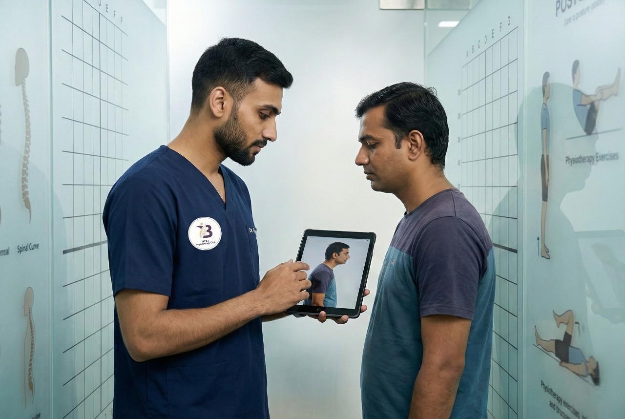Physiotherapist Dr. Sagar consulting with a patient using a tablet to analyze and improve spinal alignment and posture correction therapy.