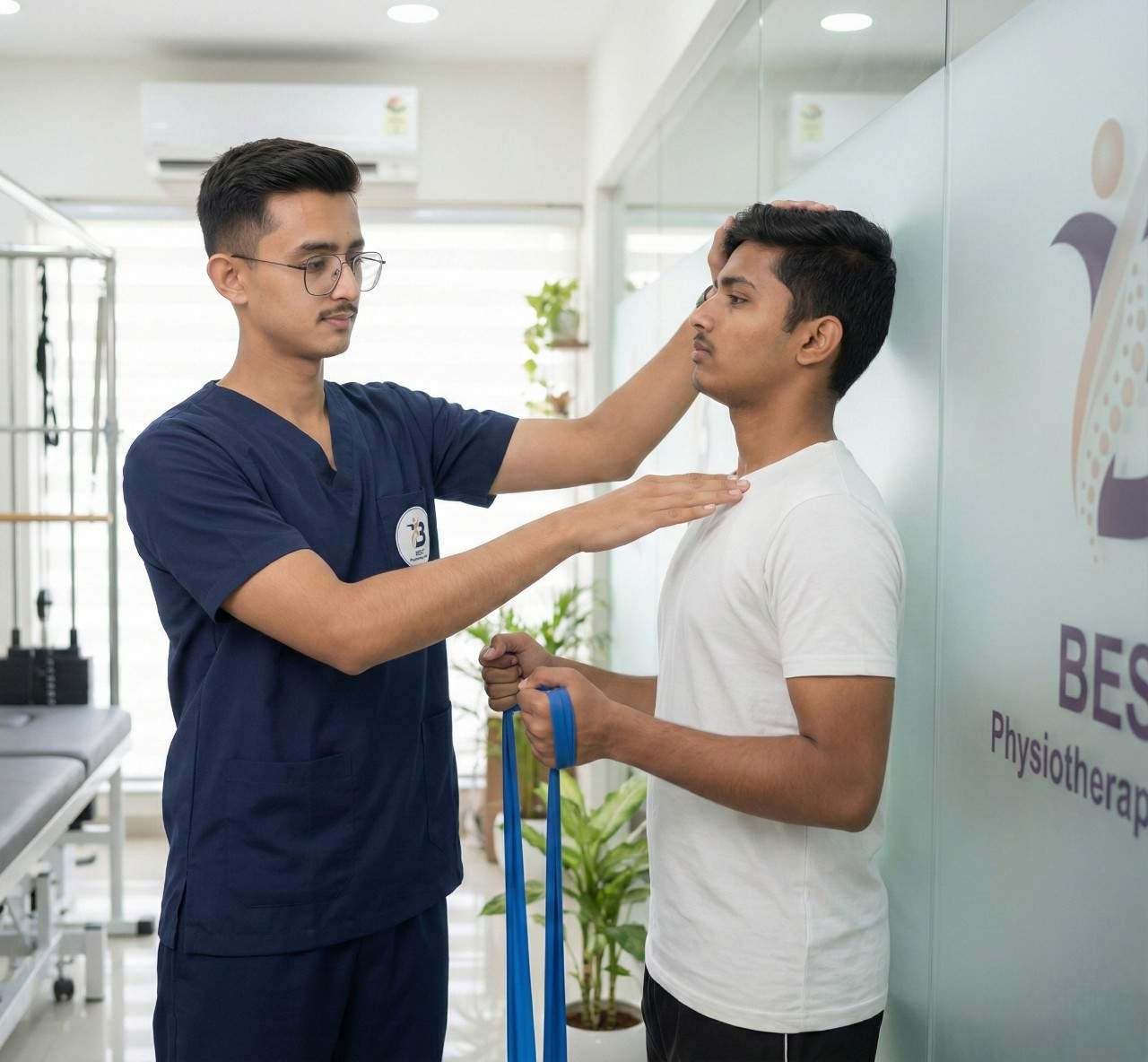 Detailed posture correction assessment by a physiotherapist focusing on spinal alignment and proper standing technique.