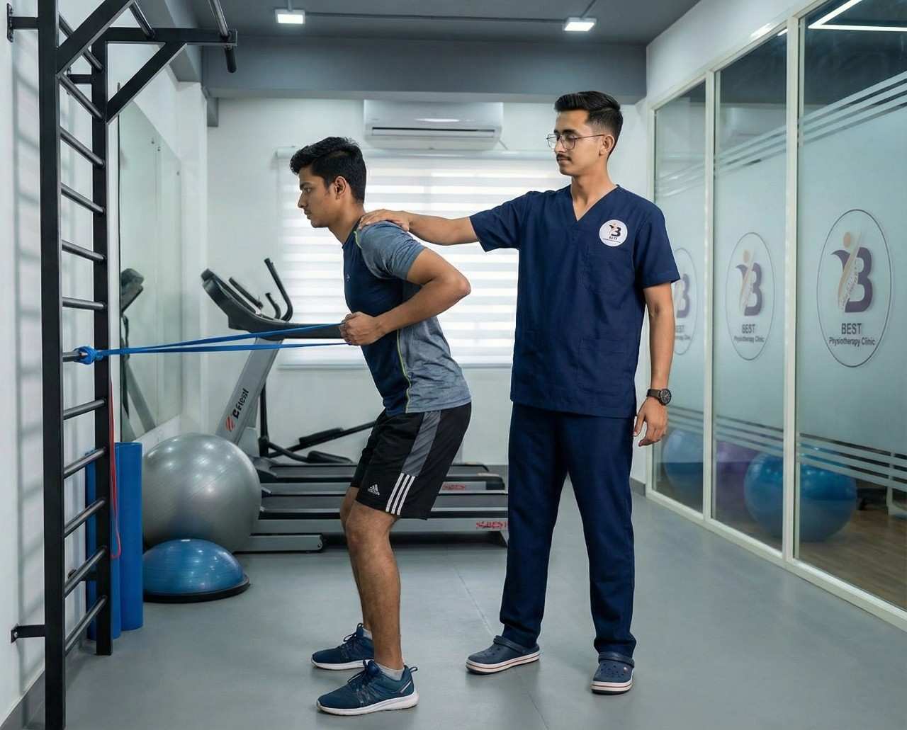 Guided exercise training with resistance bands to strengthen back muscles for long-term posture correction.