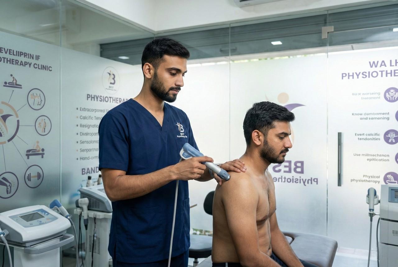 Physiotherapist Dr.Sagar applying shock wave therapy (ESWT) to a patient's shoulder at Best Physiotherapy Clinic in Bopal.