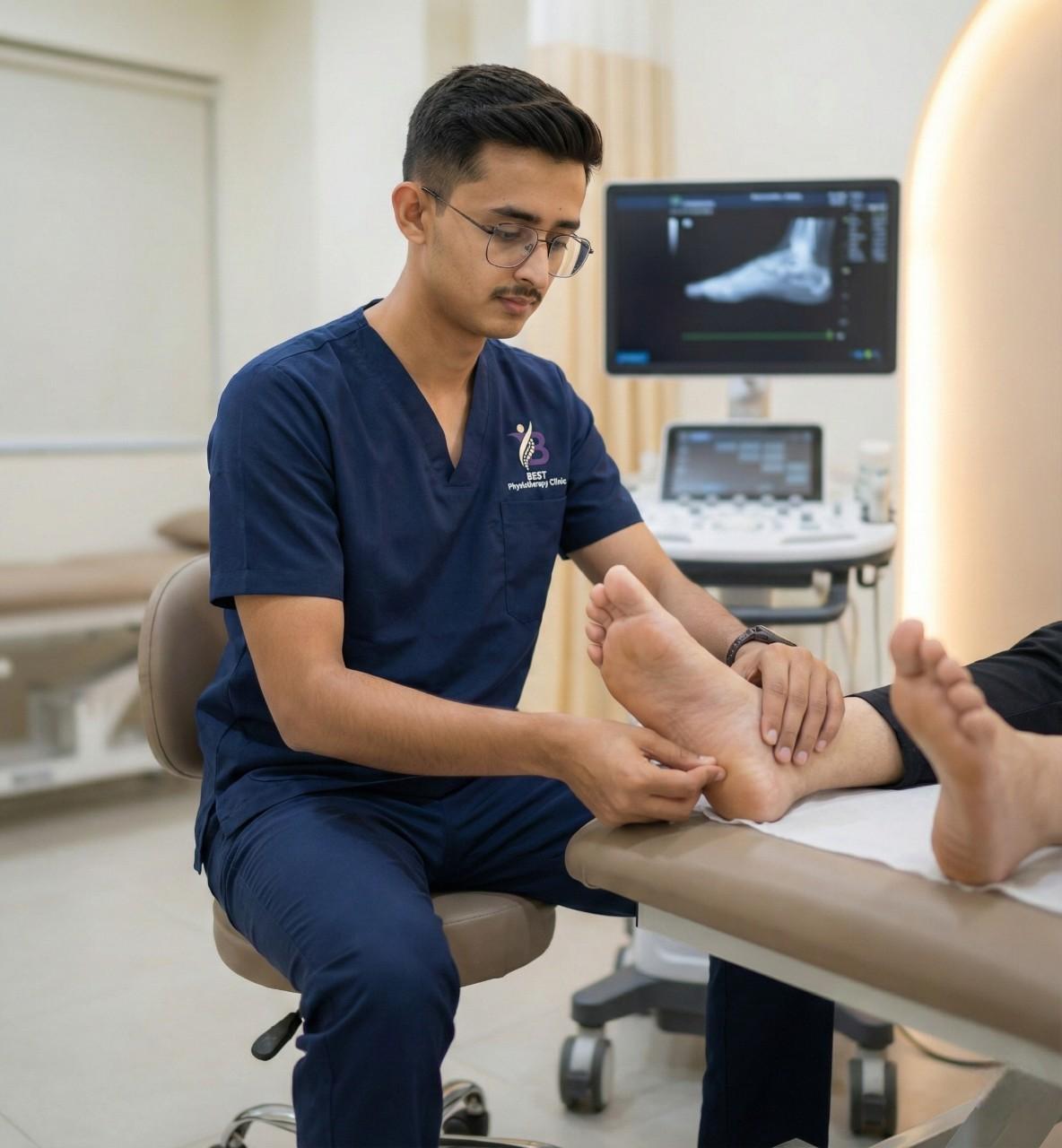 Physiotherapist Dr. Kanaiya examining patient's foot for chronic heel pain treatment like plantar fasciitis at Bopal clinic.