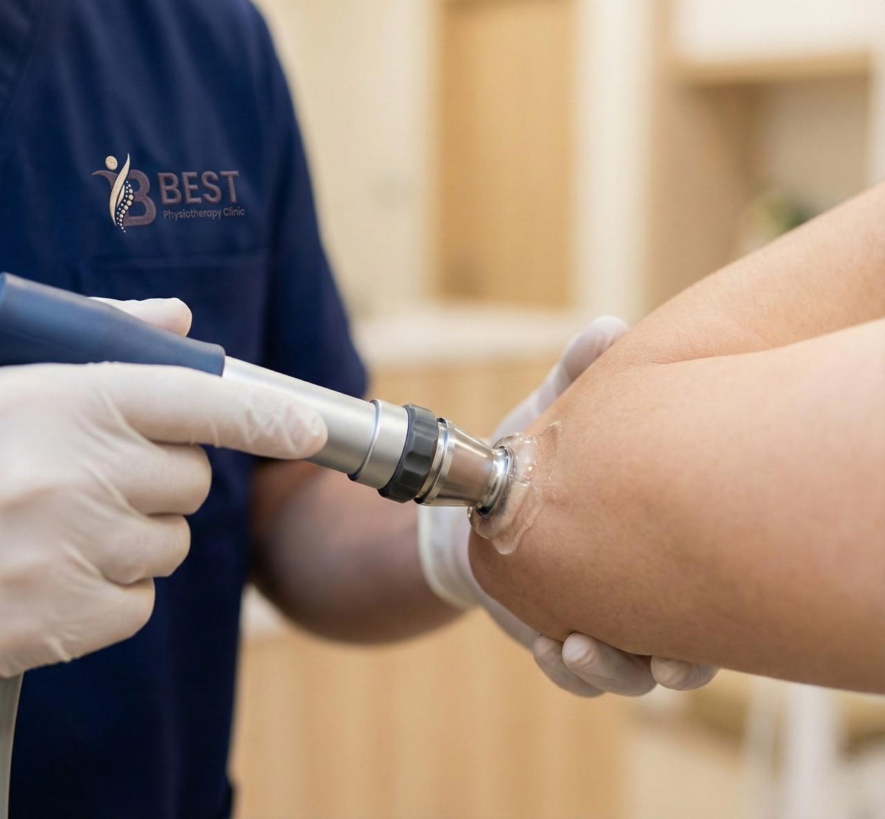 Physiotherapy consultation: discussing tendon injury, knee pain, and advanced shock wave therapy treatment with a patient.