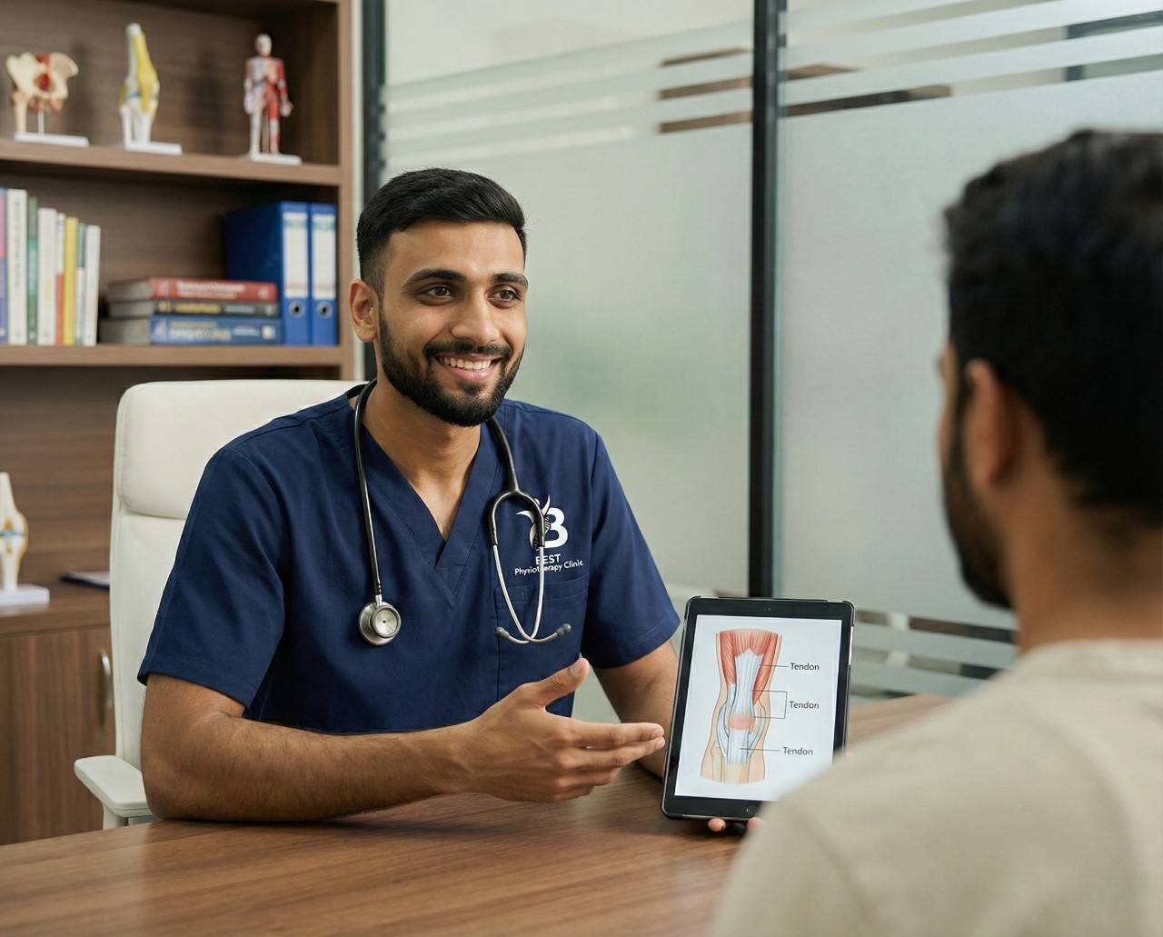 Close-up of radial shock wave therapy (RSWT) application to treat chronic elbow pain or tennis elbow effectively.