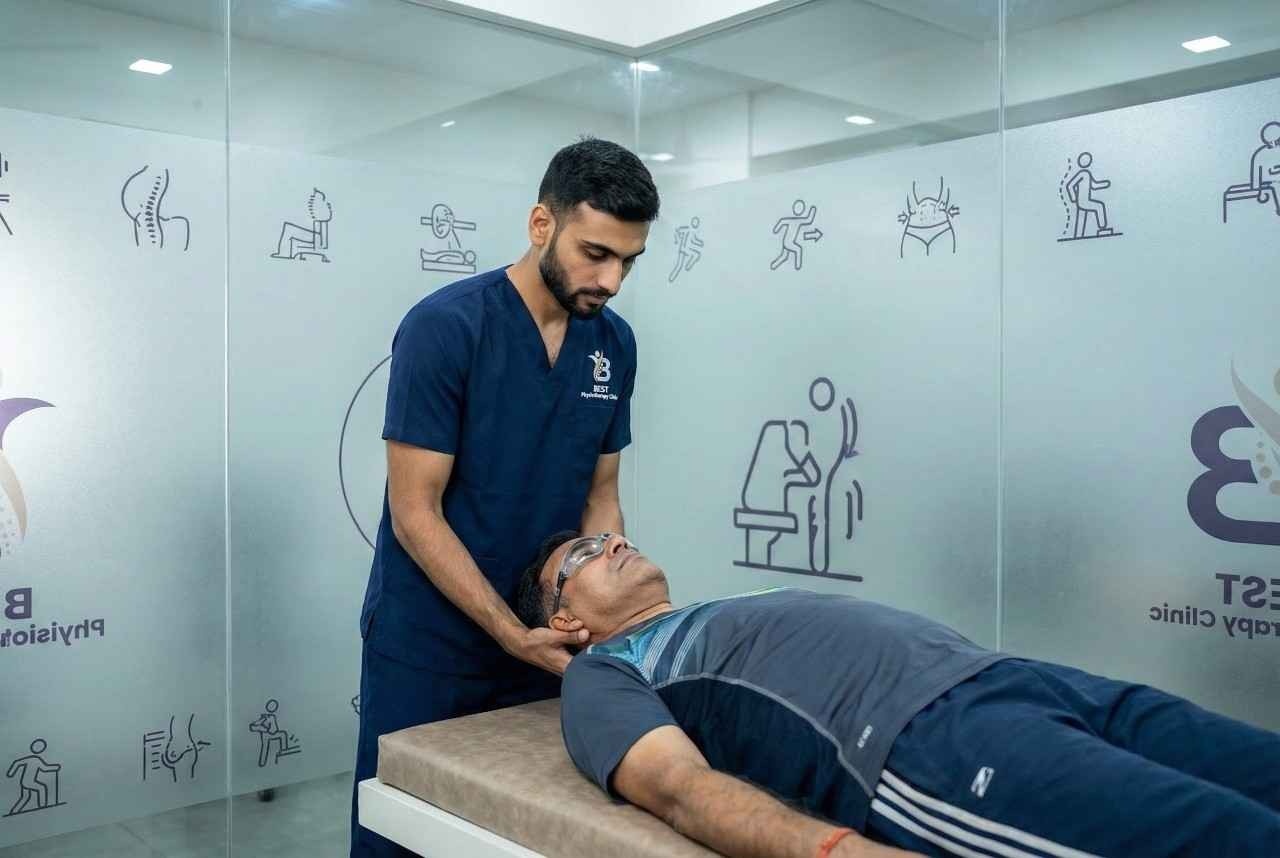 Physiotherapist performs manual therapy on a male patient's neck for specialized rehabilitation Bopal Clinic.