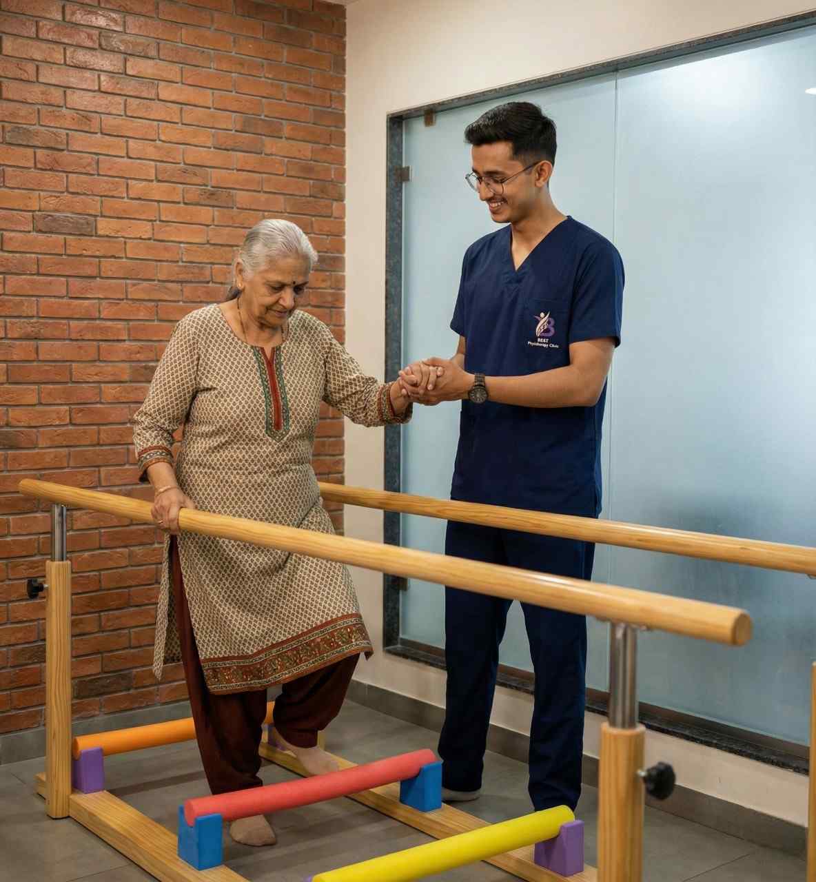 Elderly woman practices walking over obstacles in parallel bars, assisted by a physio.