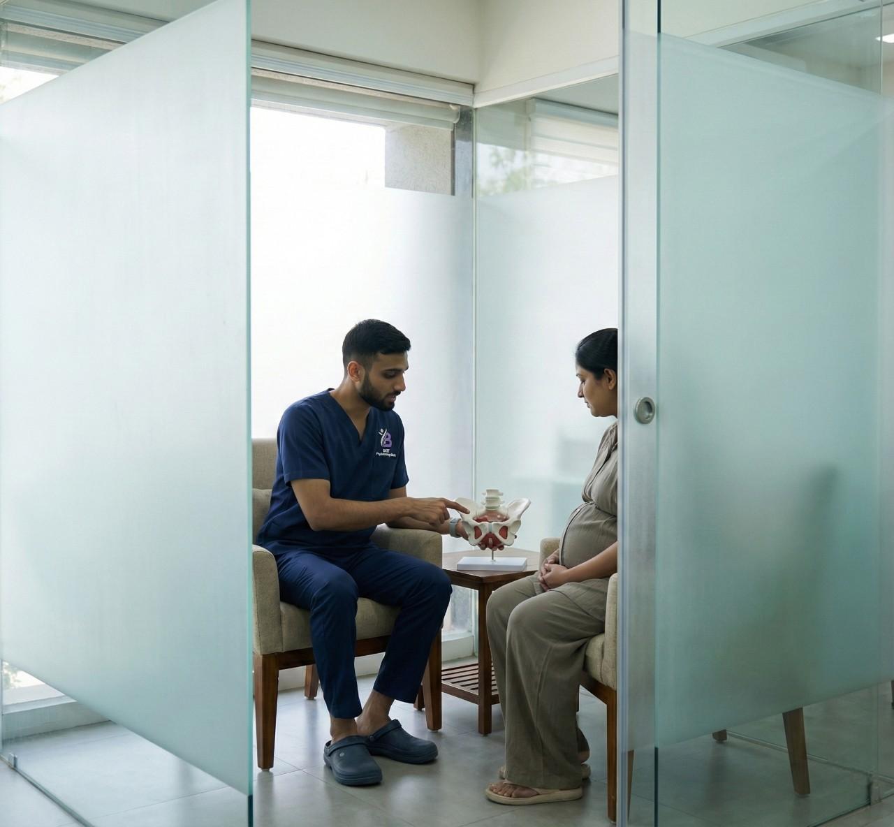 Physiotherapist explains a pelvic model to a pregnant woman in a private consultation