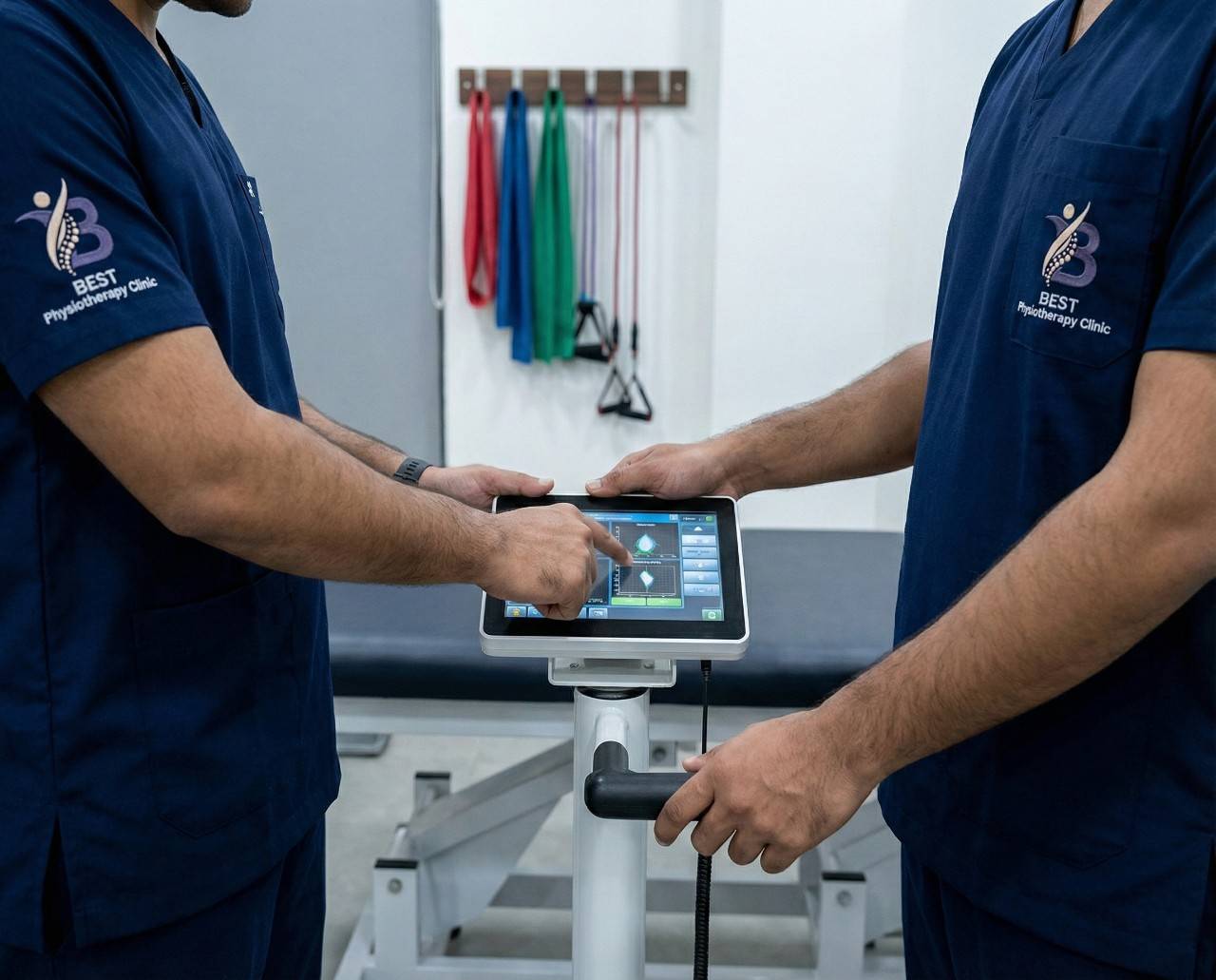 Dr. Sagar and Dr. Kanaiya review patient data on a digital rehabilitation monitoring device.