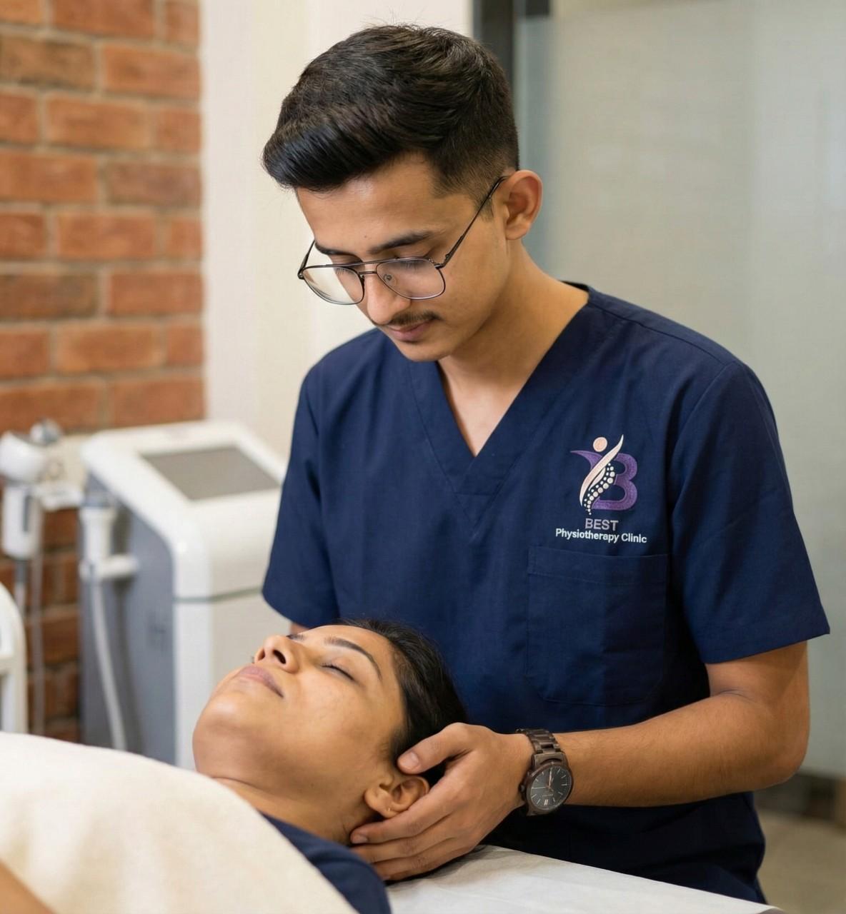 Patient undergoing advanced computerized spinal traction therapy for non-surgical back pain relief in Bopal.