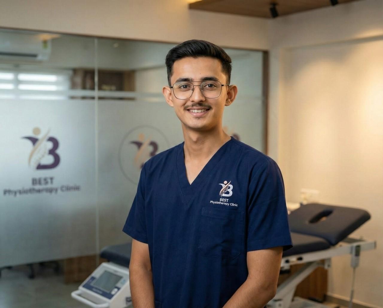 Doctor explaining spinal disc conditions using a spine model to a patient before traction treatment