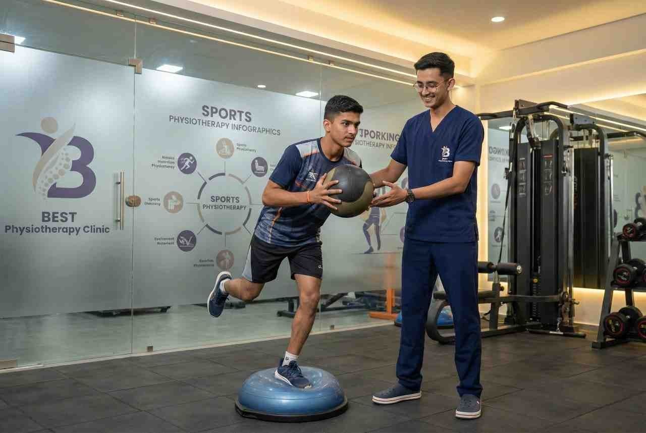 Sports Injury Rehabilitation Bopal physiotherapist Dr. Kanaiya guides an athlete doing single-leg balance and core work with a medicine ball