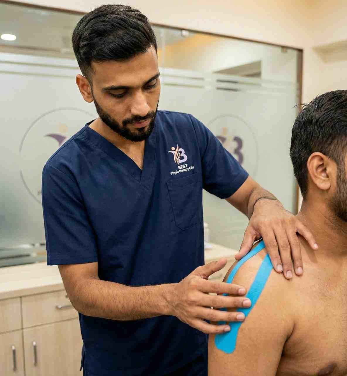 A physiotherapist Dr. Sagar applies blue kinesiology tape to a patient's shoulder for support.