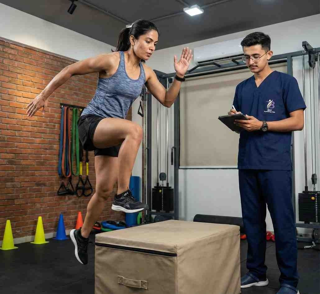 A female athlete is doing plyometric box jumps while a physiotherapist Dr. Kanaiya records her form in Bopal clinic.